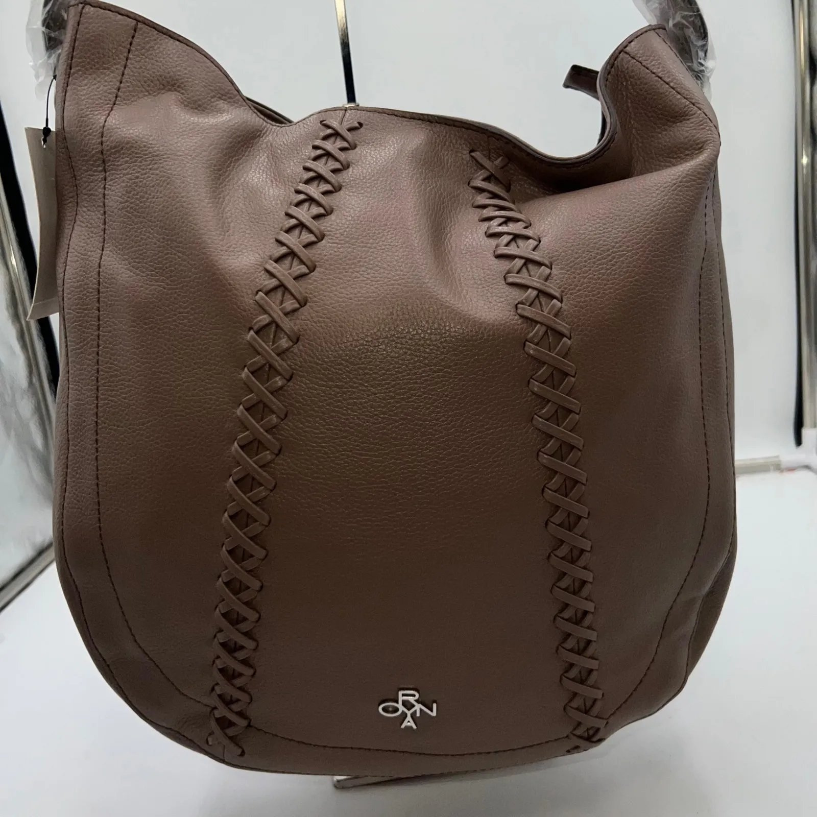 OR YANY Taupe Leather Hobo Shoulder Bag Braided Detail Top Zip Exterior Pocket Brown - Image 2