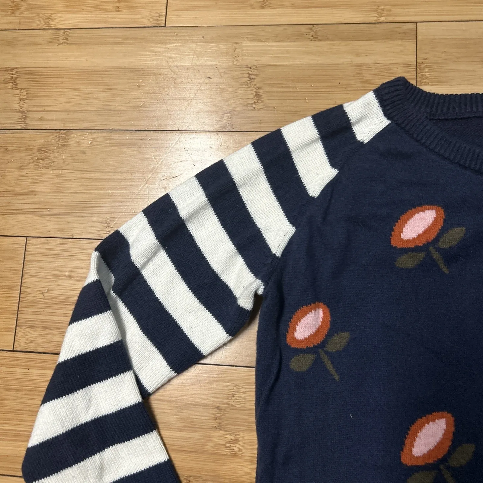 Love Hanna Women S Navy Floral Stripe Sweater Crewneck Knit Pullover Cotton Wool Blue - Image 3