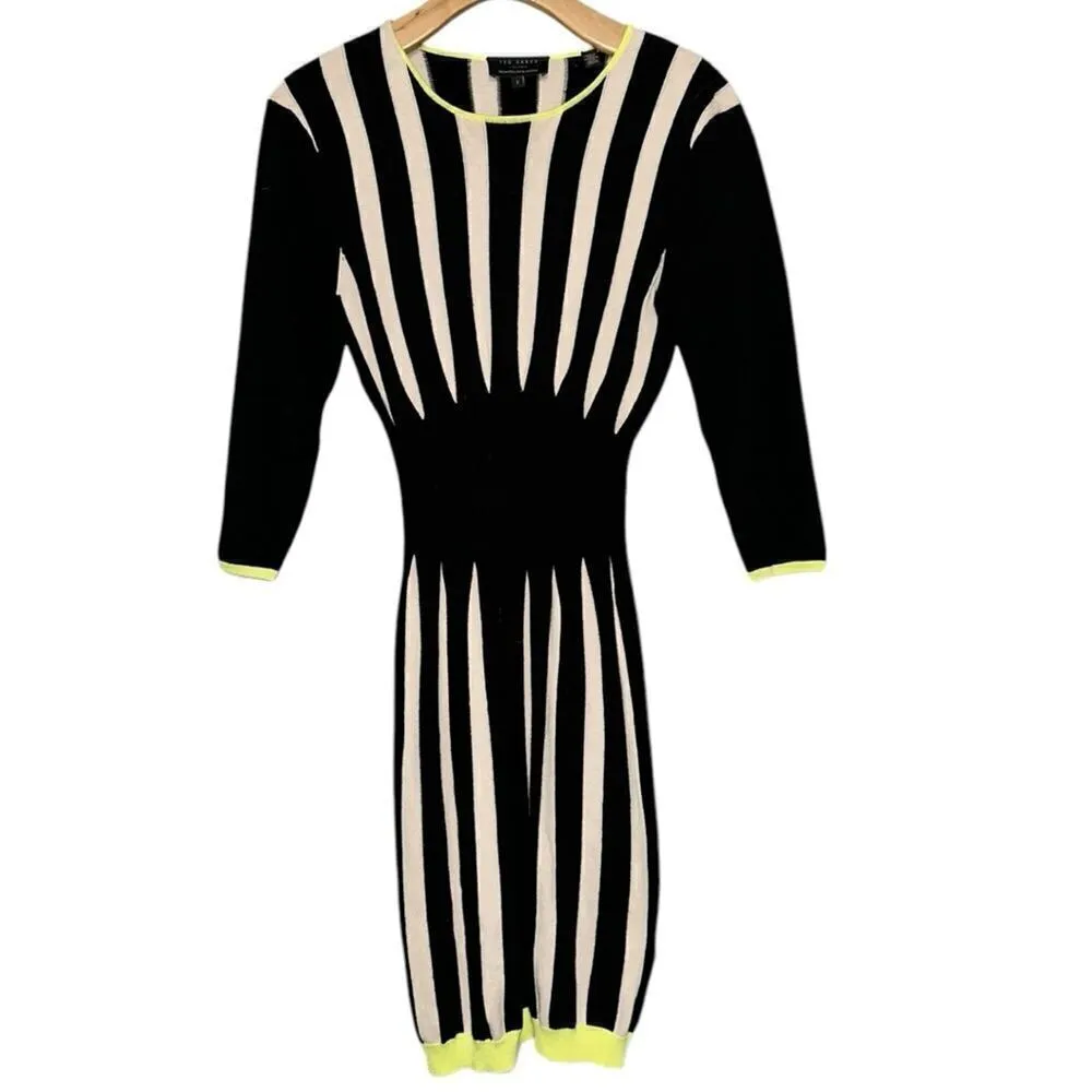 Ted Baker Sz 2 S Black White Row Striped Knit Contrast Lime Green Sweater Dress - Image 3