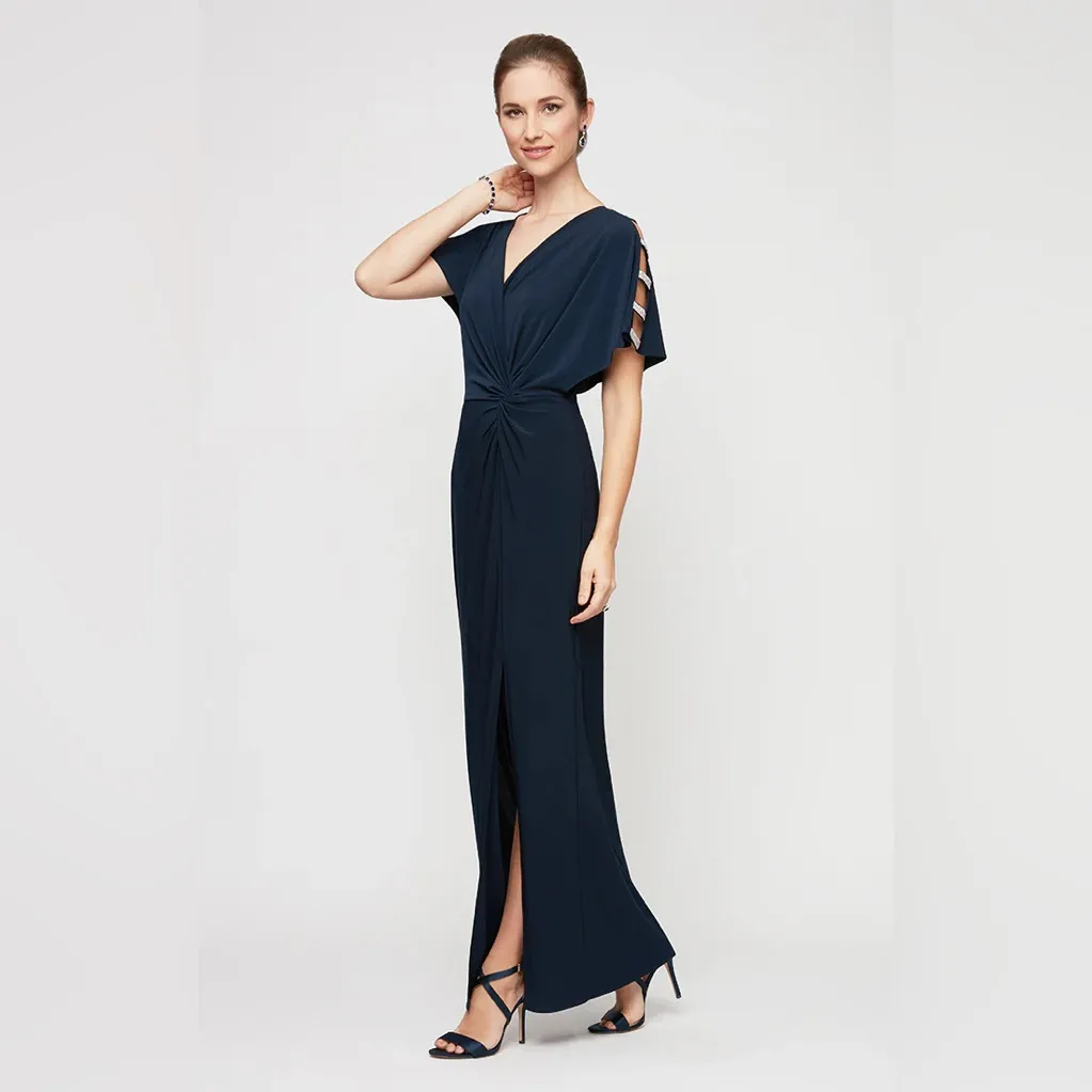 NWT Alex Evenings Long Knot‎ Front Dress Navy Blue Bling Sleeve Cutouts Size 10 - Image 2