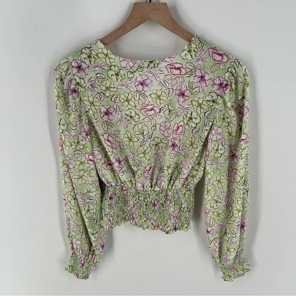 Zara Chiffon Floral Print Surplice Neck V Neck Shirred Waist‎ Peasant Sleeve Top - Image 2
