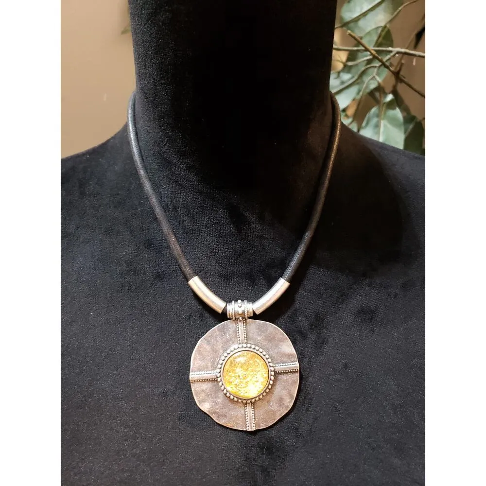 Womens Fashion Bohemian Celestial Two Tone Round Pendant Black Cord Necklace Silver - Image 2