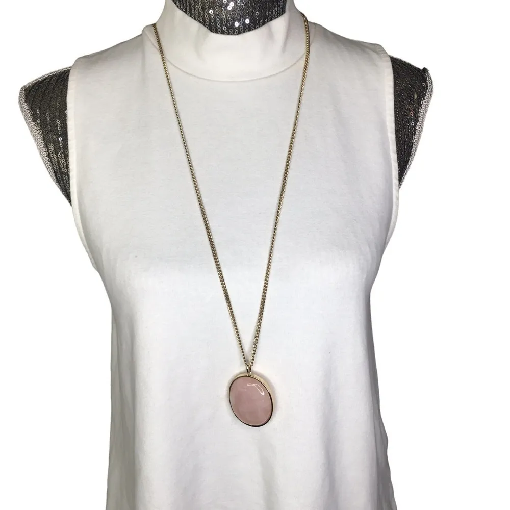 EXPRESS Pink Semi Precious Stone Pink Quartz Pendant Necklace Gold Tone 34" - Image 2