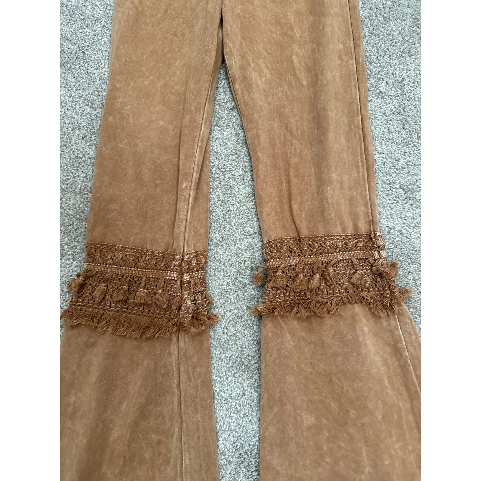 Chatoyant Tan Mineral Wash Bottom Knee Tassel Bell Bottom Pants, S - Image 7