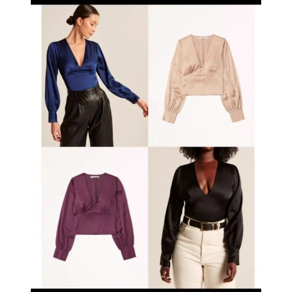 ABERCROMBIE & FITCH Women's Large Silky Satin Top Burgundy Cropped Long Sleeve - Image 2