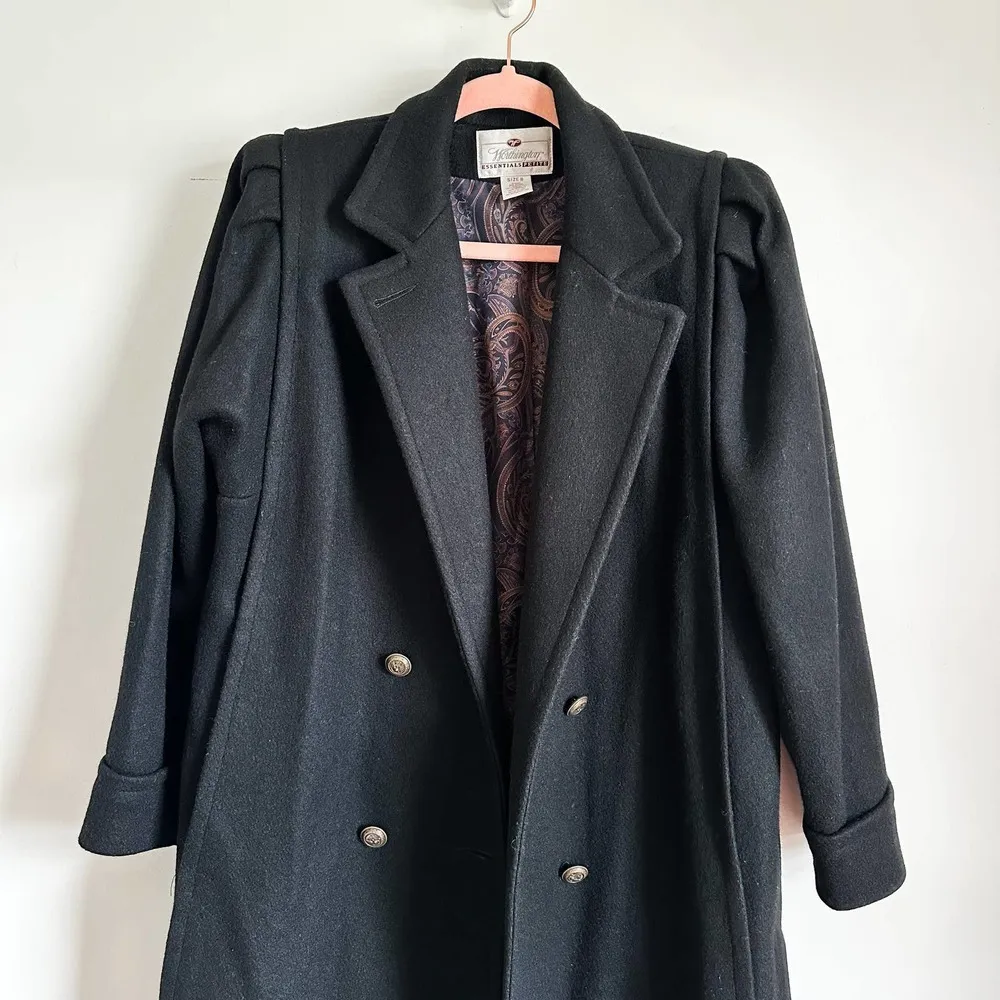 Vintage Black Double Breasted Long Wool Coat Pleated Puff Shoulder sz 8 Petite - Image 7