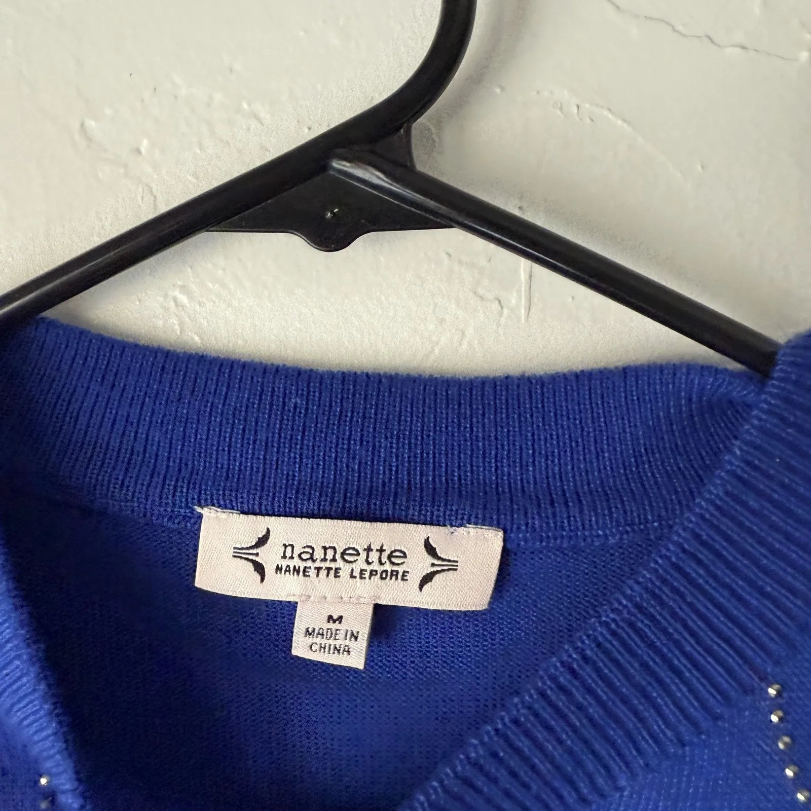 Nanette Lepore Sweater Womens Medium Blue Rhinestone Pullover Crewneck Knit‎ Top - Image 4