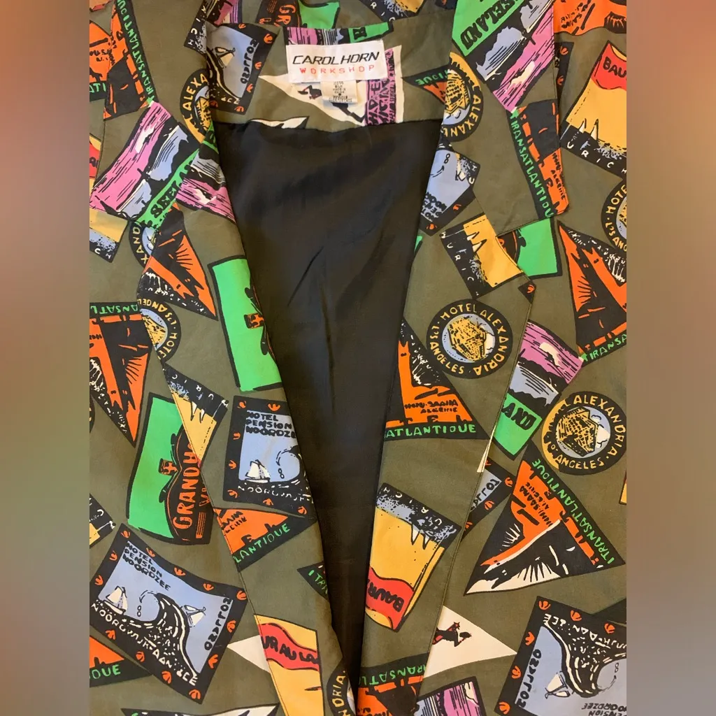 Vintage Carol Horn Workshop Art Travel Stamp Boyfriend Blazer SZ Small Green - Image 5
