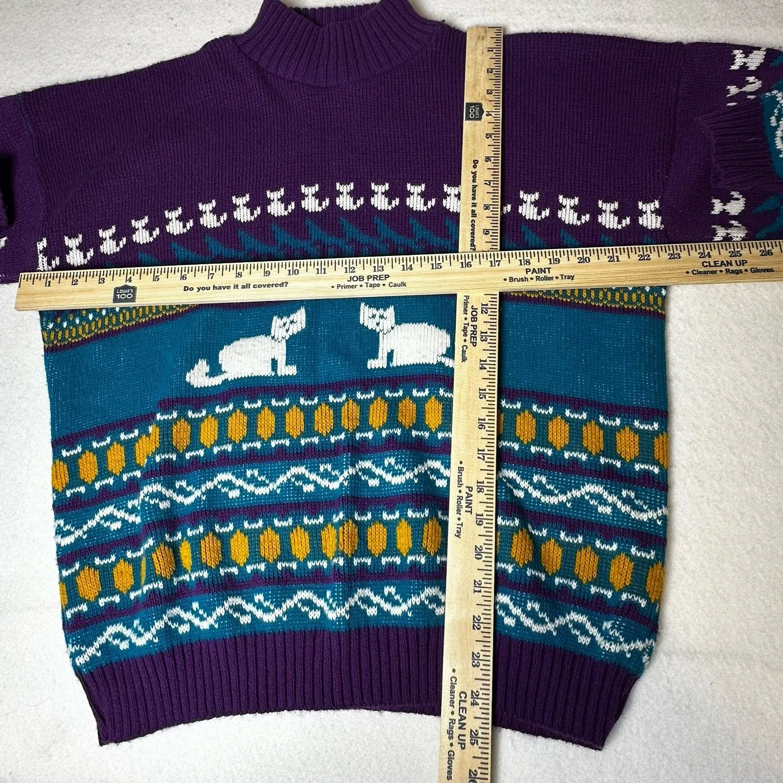 Sweater Vintage 80s Private Eyes‎ Cats AOP Knit Knitted Sweater Size 4 Wool Purple - Image 5