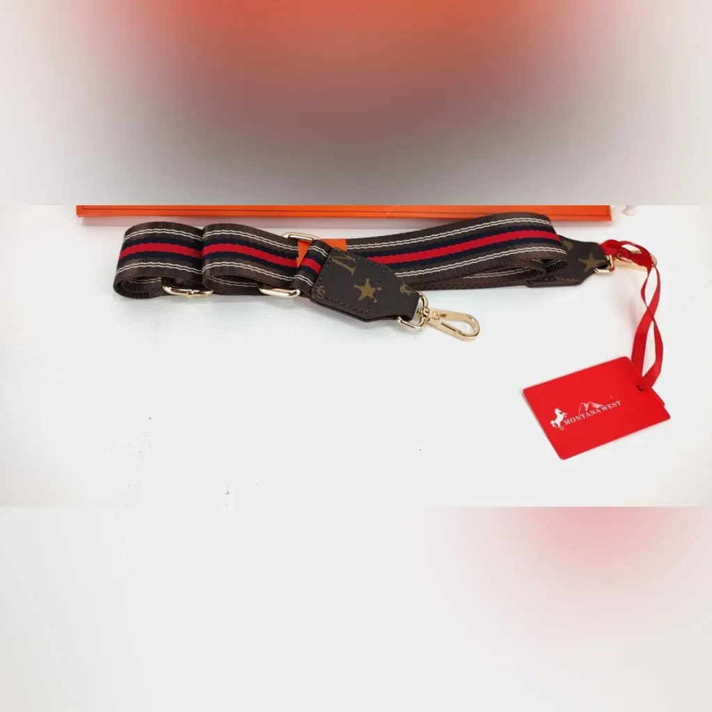 Montana West Adjustable Crossbody Strap – Red & Brown Stripe with Gold Hardware - Image 6