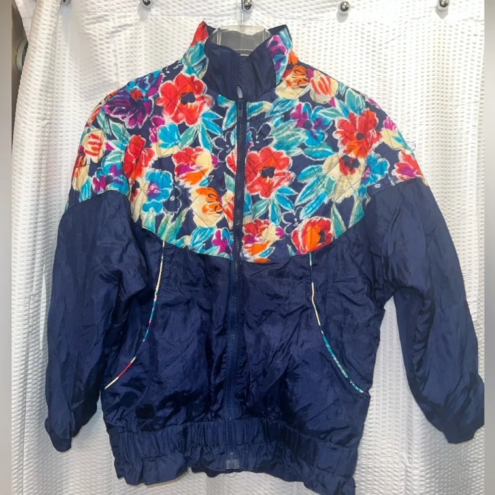 Vintage Windbreaker, Floral w Ruched Base, Blue, Lt, Size Medium Petite, PM - Image 10