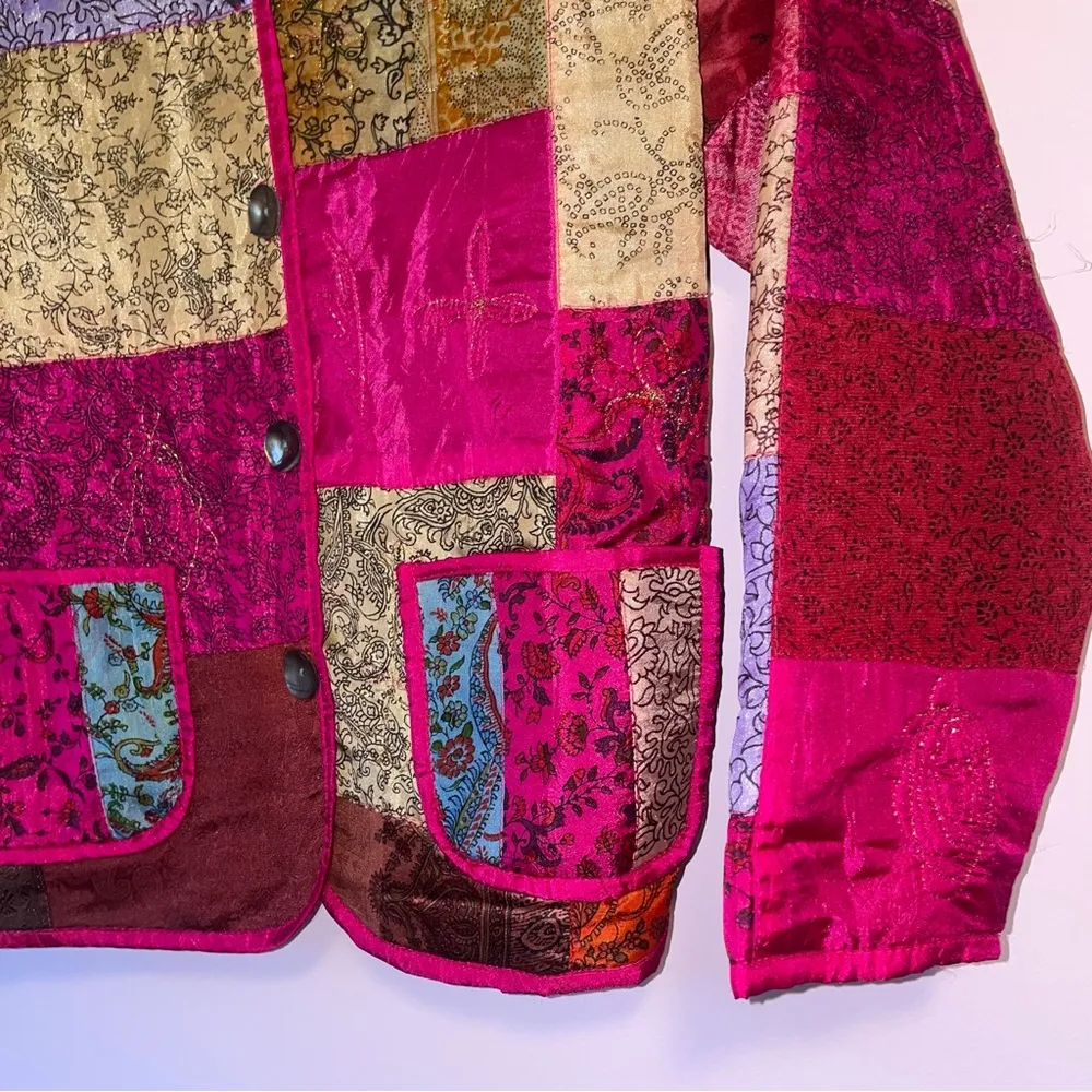 Vintage Tantrums 100% Silk Multicolor Patchwork Jacket Cardigan Blazer Size M - Image 3