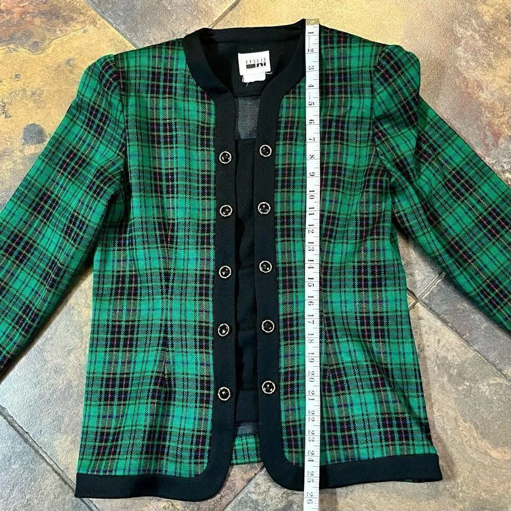 Leslie Fay Green Red Blue Black Plaid Holiday Blazer Size 8 - Image 6