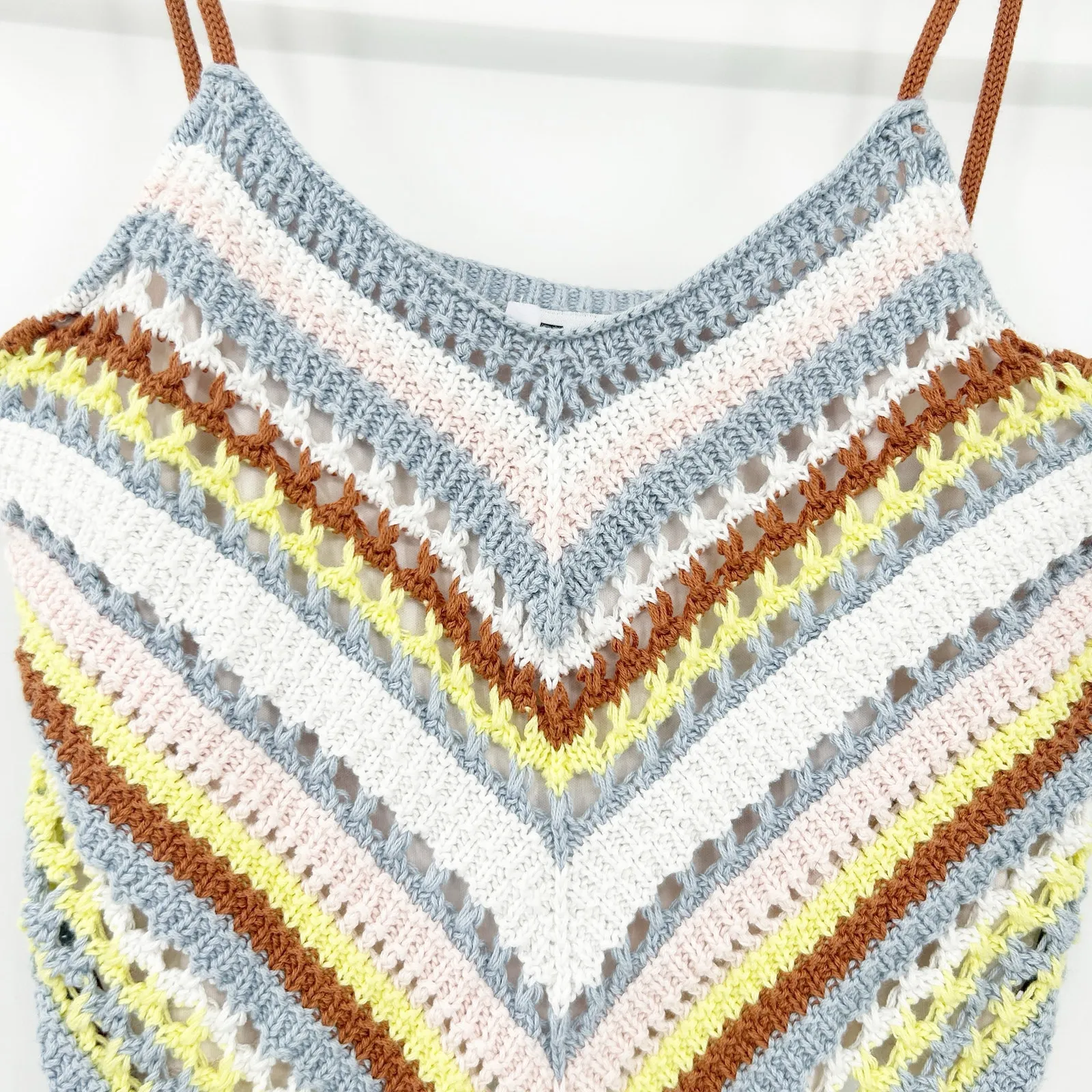 525 Revolve Beachy Boho Striped Knit Fauxchet Colorful Crochet Cami Top Size‎ S - Image 4