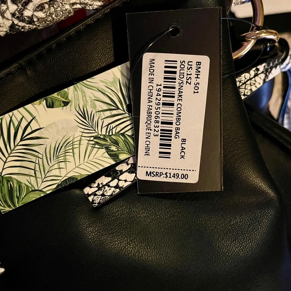 Badgley Mischka Drawstring Bucket Tote Shoulder Bag Black Snake Print NWT - Image 5