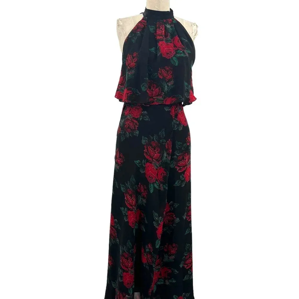 Lovers + Friends Golden Ray‎ Maxi Dress Black Red Floral Rose Print Size Small - Image 3