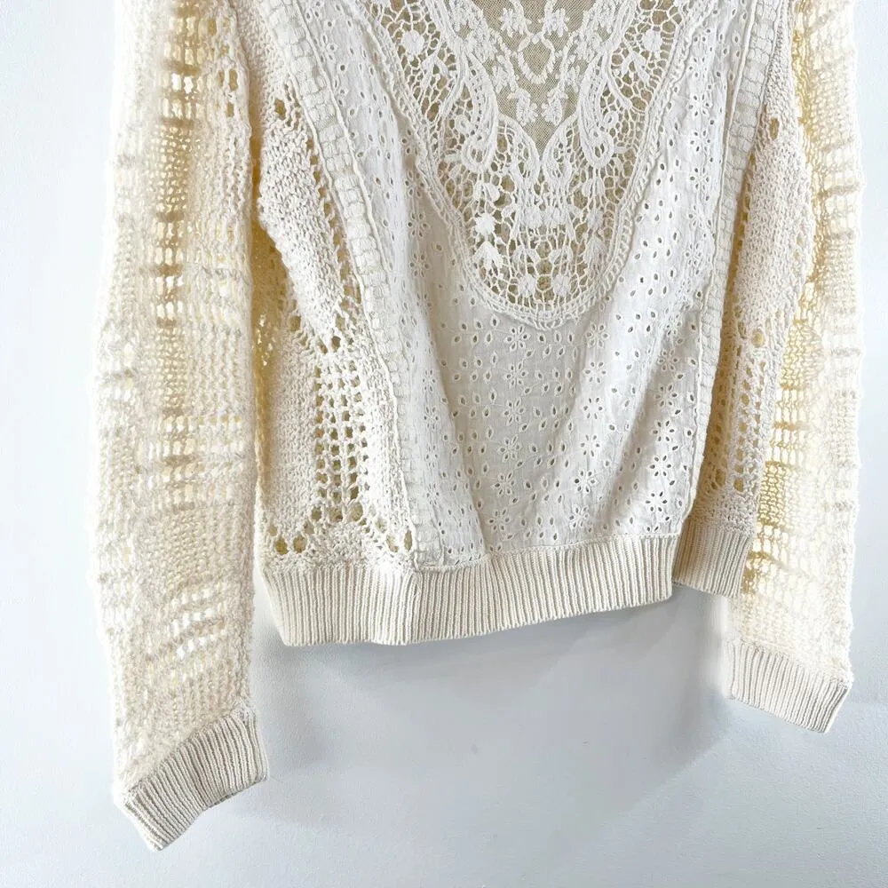 Free People Cotton Crochet Long Sleeve Crewneck Sweater Ivory Large - Image 10