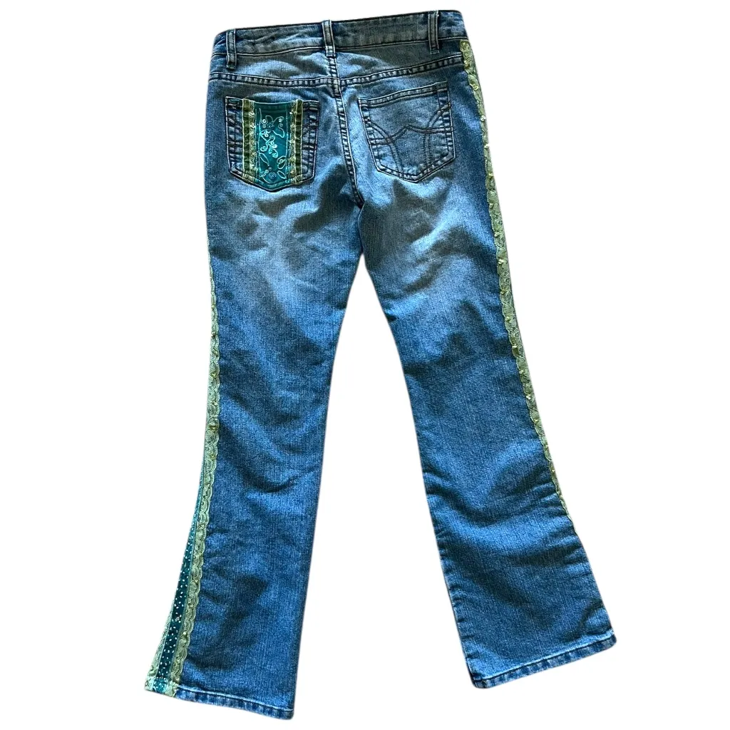 Vintage Y2K Lace Embroidered & Beaded Flare Denim Jeans <3 Sz 5n 28" waist Blue - Image 2