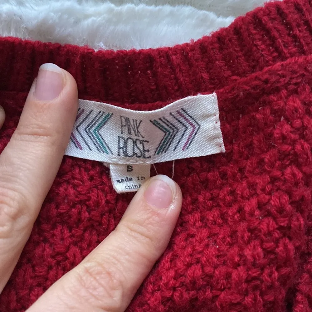 Woven small cable knit red and white striped sweater Pink Rose crew neck - Image 3