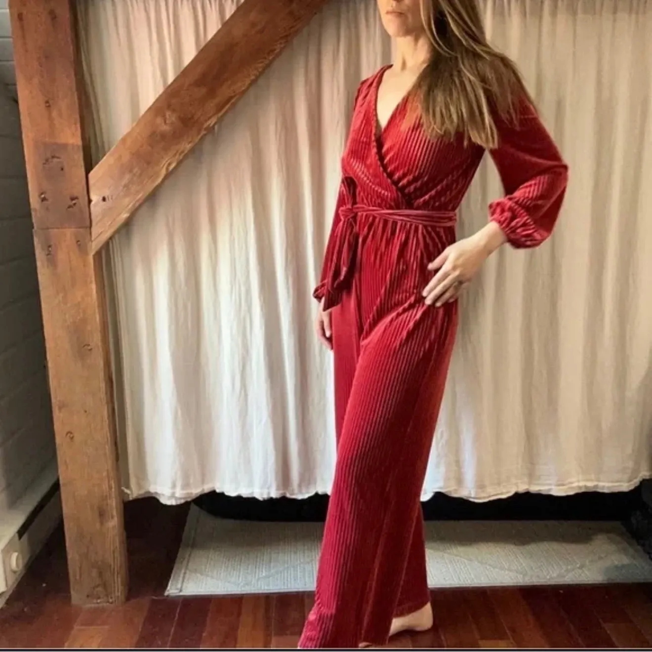 ALI & Jay Samantha Burgundy Velvet Plunge Surplice Neck Wide Leg Jumpsuit XS - Image 12