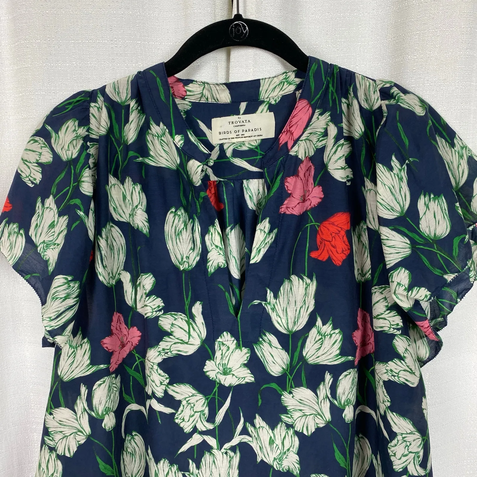 Trovata Birds Of Paradise Blue Floral Flutter Sleeve Evening Tulip Blouse Sz.M Size M - Image 5