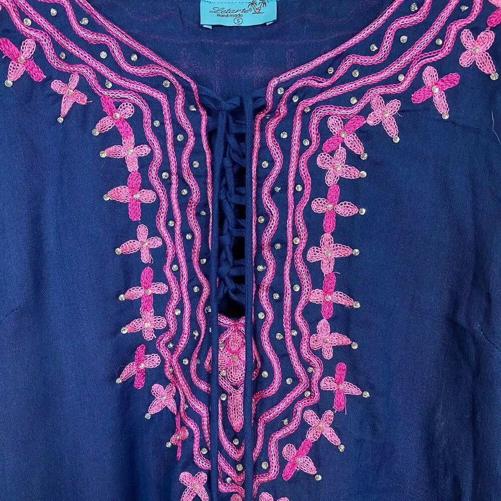 Letarte Handmade Rhinestone Blue Pink Swim Cover Up Size Small - Image 3
