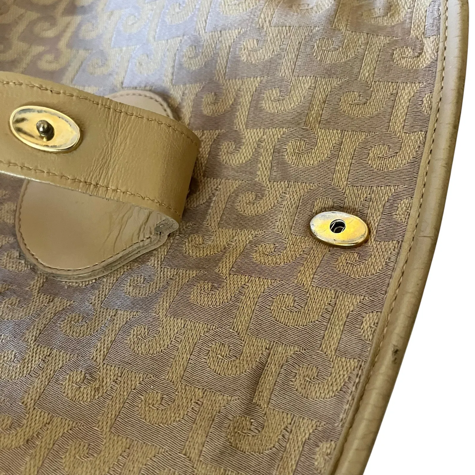 Pierre Cardin Vintage Jacquard Logo Beige Leather Foldover Tote Evening Bag - Image 8