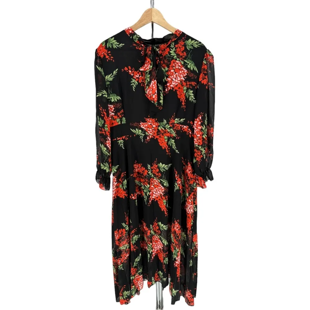 Black Red Floral Tie Bow Neck Maxi Long Dress Sheer Long Sleeve size 14 NWT - Image 2