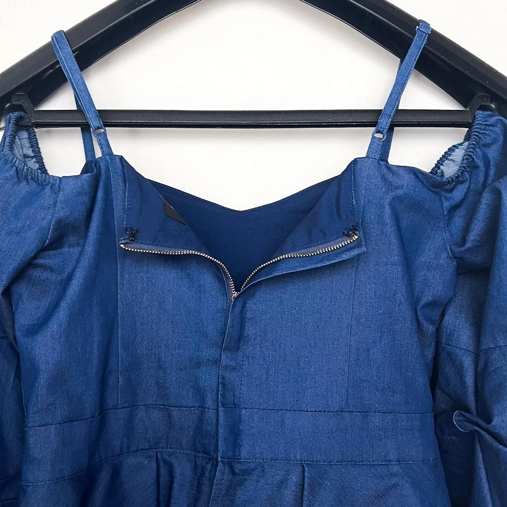 Gracia Navy Blue Cold Shoulder Blouse, Peplum Waist, Women's Size M - Image 5