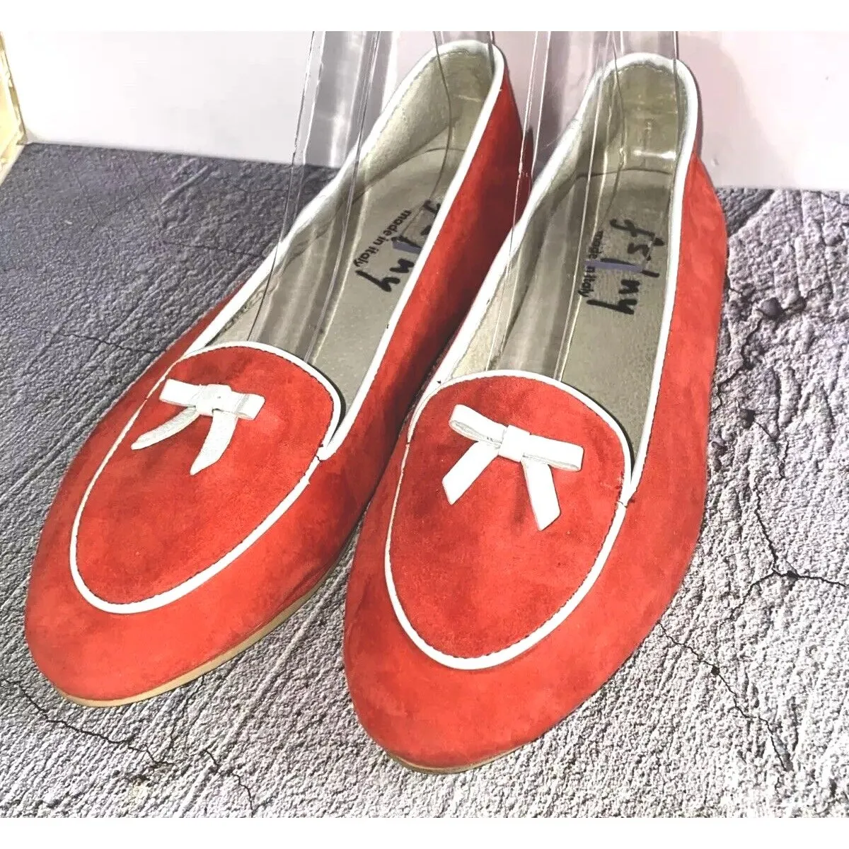 French Sole FS/NY Tomato Red Suede White Trim Bow Loafer Shoes Made Italy - Image 2