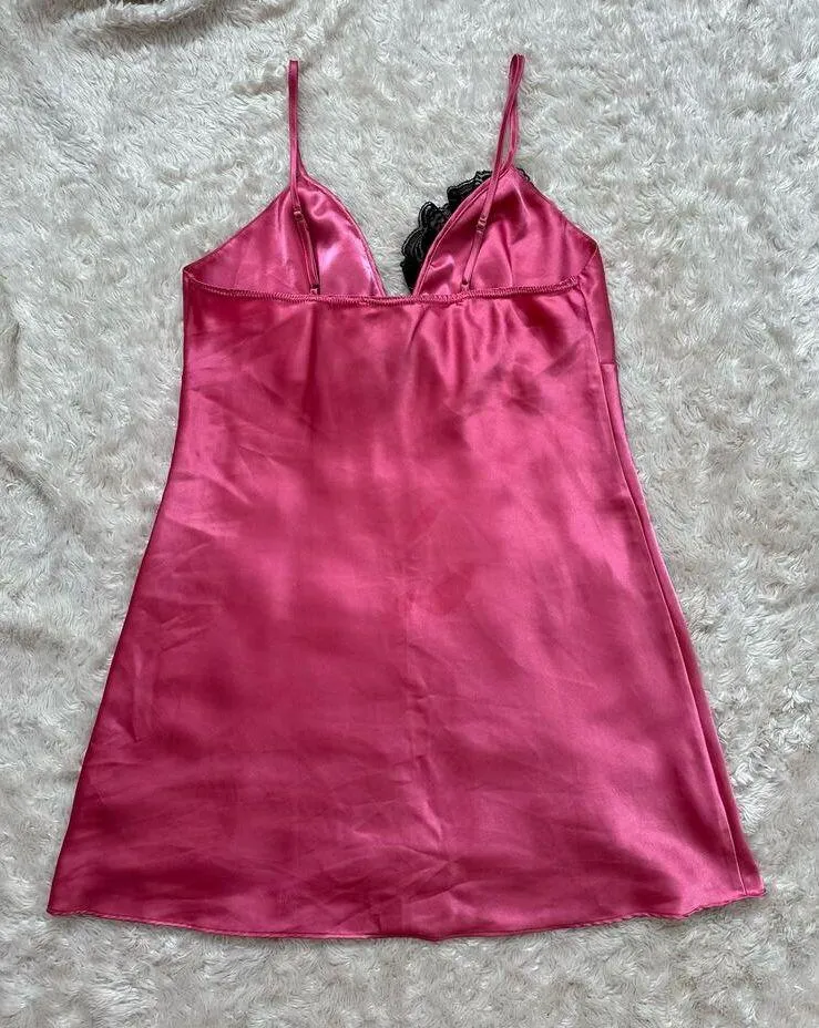 Vintage Flora Nikrooz Pink Satin Black Lace Rhinestone Mini Slip Dress Chemise - Image 7