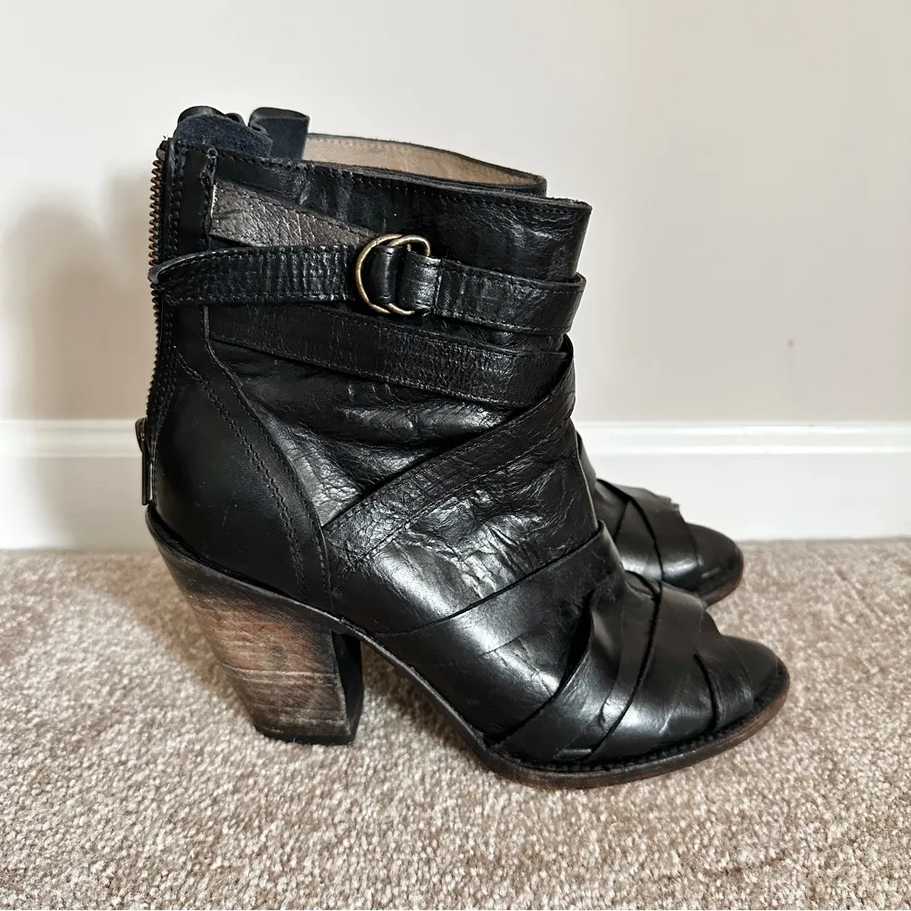 Freebird by Steven Joker Black Leather Heeled Booties Peeptoe Strappy - Image 3