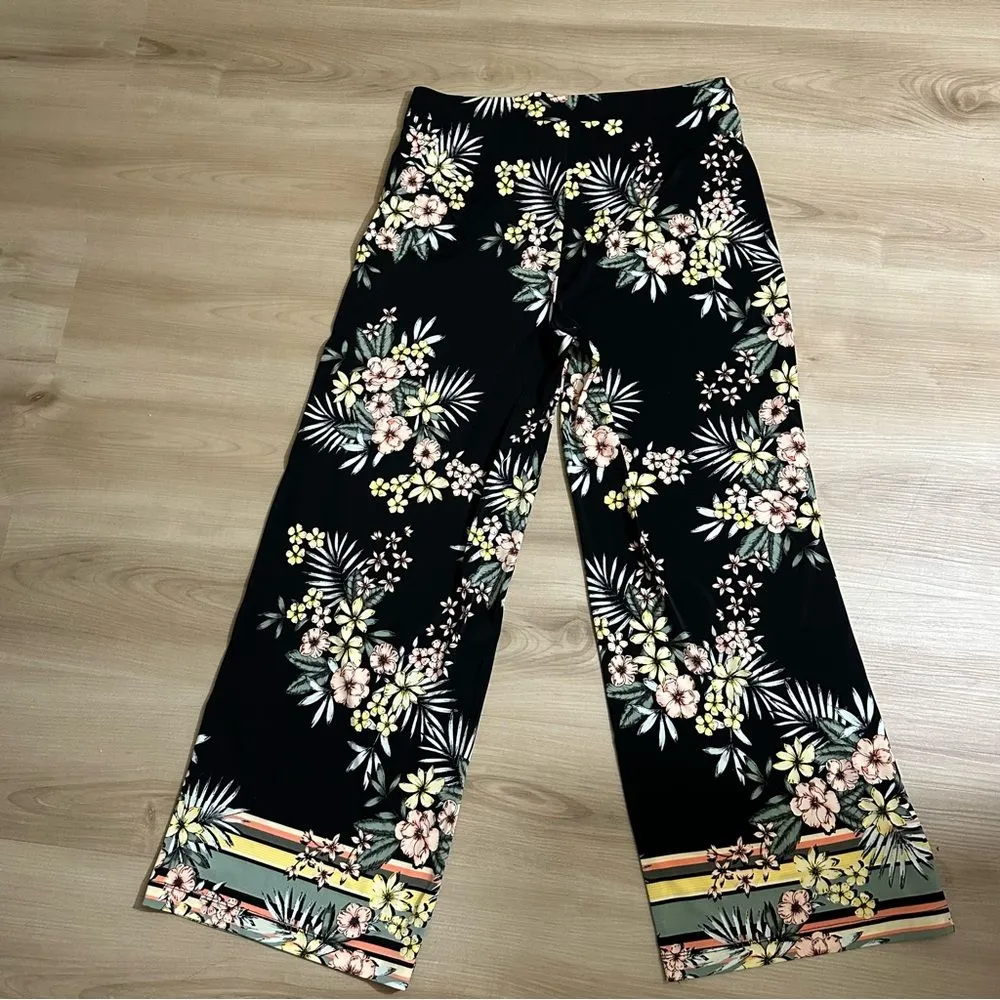 Roz & Ali Black & Multicolor Tropical Floral Wide Leg Stretch‎ Pants Size Large - Image 5