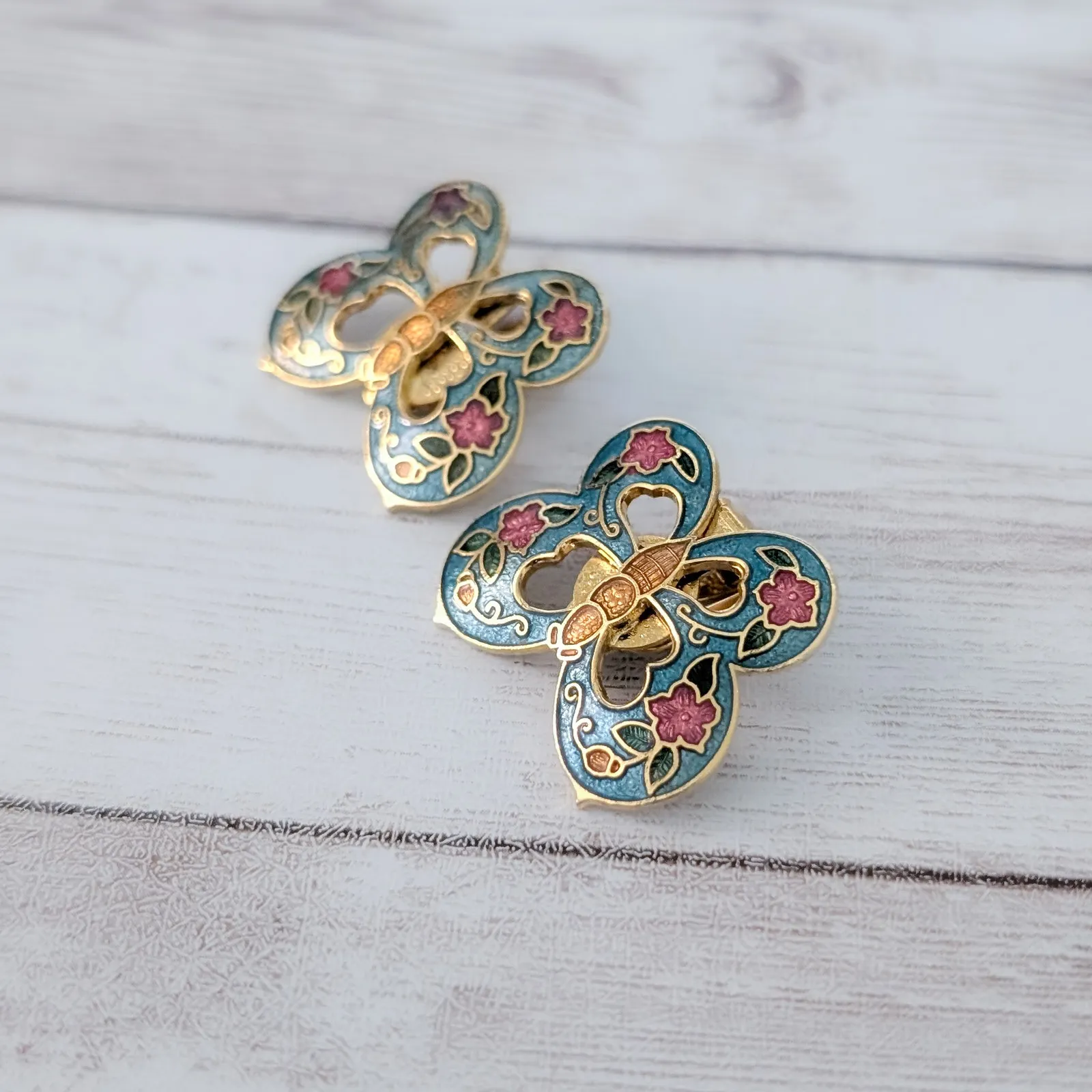 Vintage Clip On Earrings Cloisonné Butterfly Large Statement - Image 3