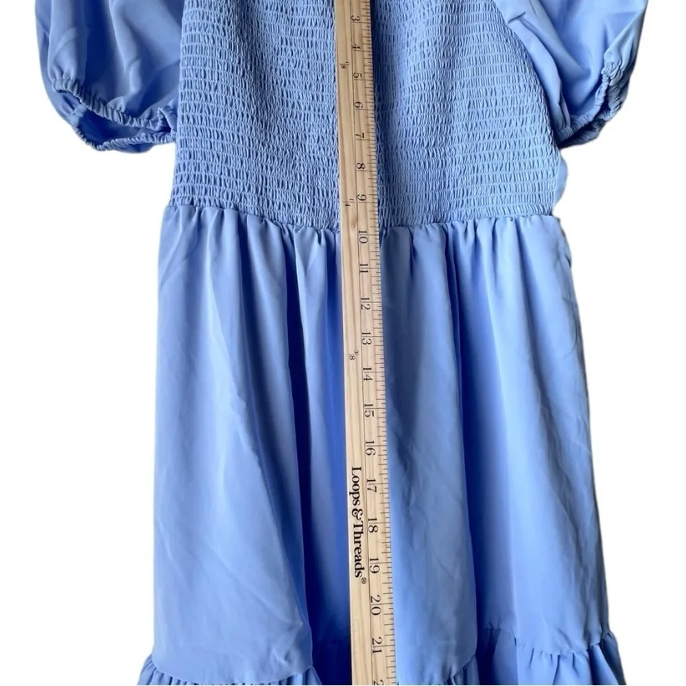 Women's Sky Blue puff sleeve Dress ruffles cascading midi smocked short Size M. - Image 6