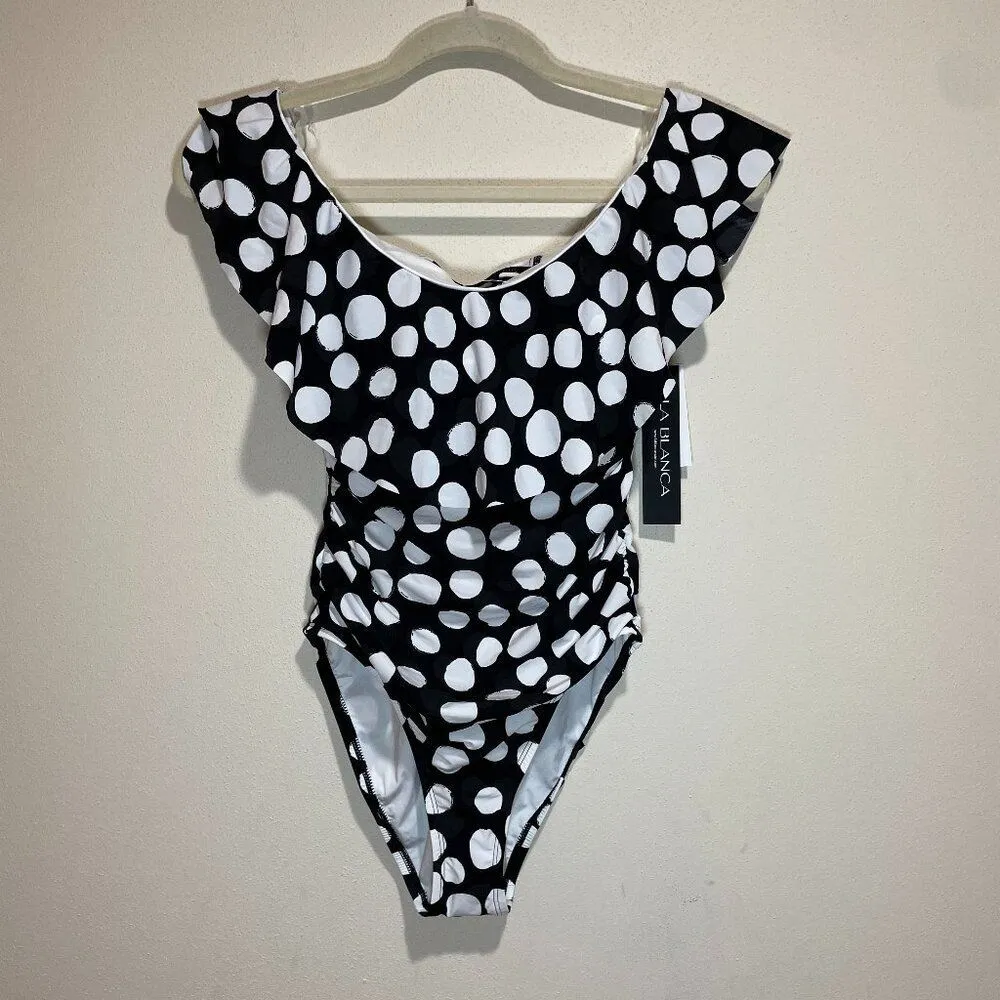 NEW La Blanca Size 6 Mod For Dot Polka Dot Ruffle One Piece Swimsuit Black White - Image 3