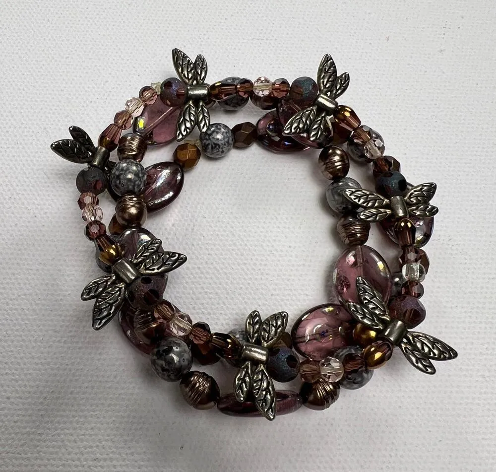 Handmade Beaded Bracelet Trio Purples Browns Dragonfly Metals - Image 2
