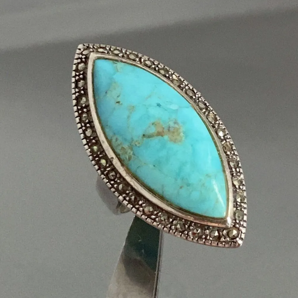 Sterling Silver 925 NK THAILAND Marcasite Turquoise Ring Sz 7.5 Western Blue - Image 3