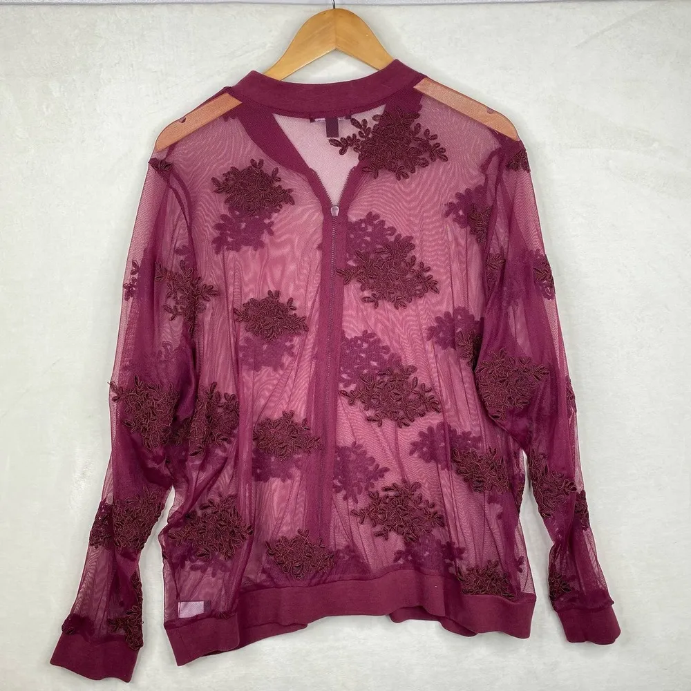 Torrid Deep Red Full Zip Long Sleeve Mesh Floral Bomber Sheer Jacket Size 3X - Image 7