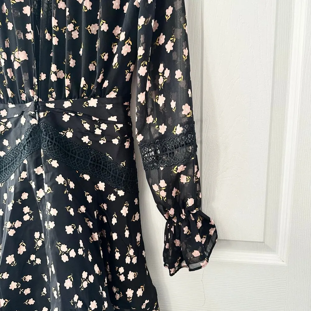 Self Portrait Black Twist Front V Neck Ditsy Floral Mini Swing Skirt Dress 2 - Image 12