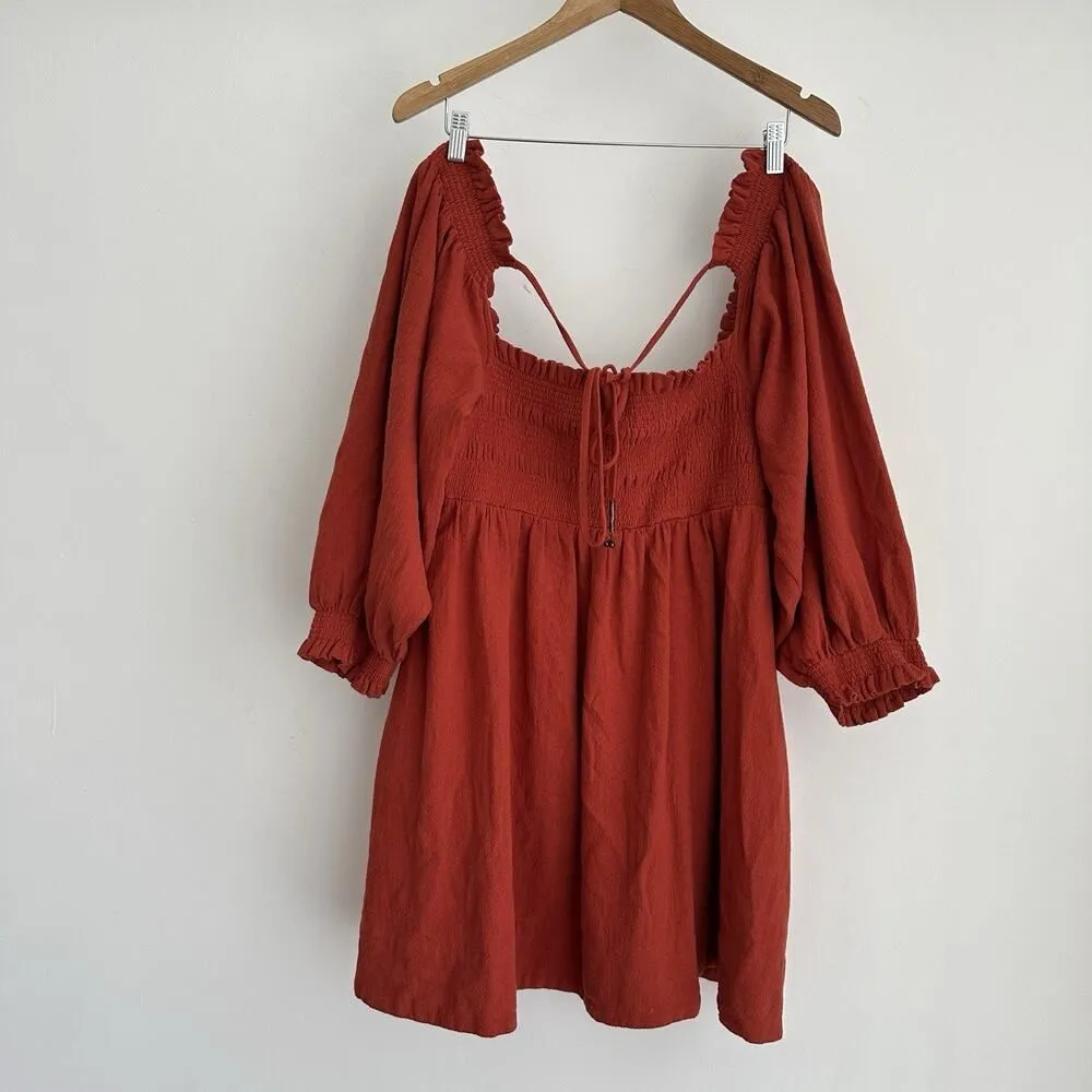 Free People Babydoll Dress Medium Boho Chic Peasant Smocked Coastal Burnt Orange - Image 2