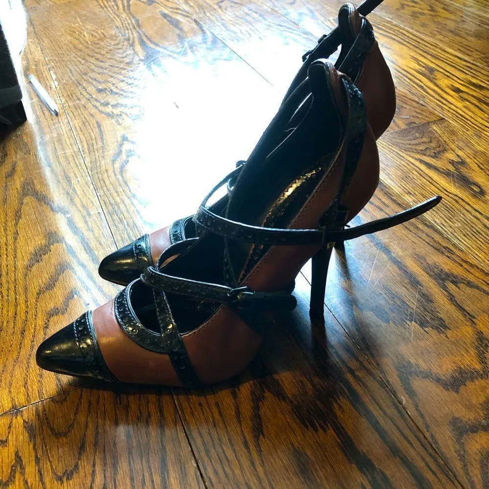 TORY BURCH Judith Brown and Black Leather Strappy Stiletto Heels Sz 9m - Image 5