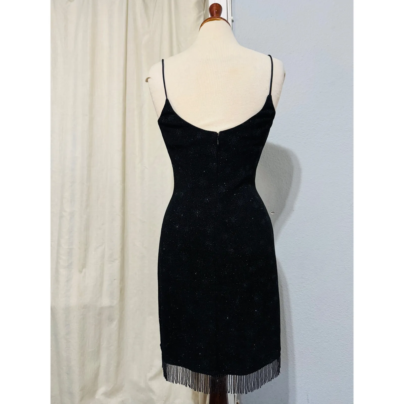 Vintage 80s Bari Jay Black Sequin Beaded Fringe Spaghetti Strap Dress 7 - Image 6