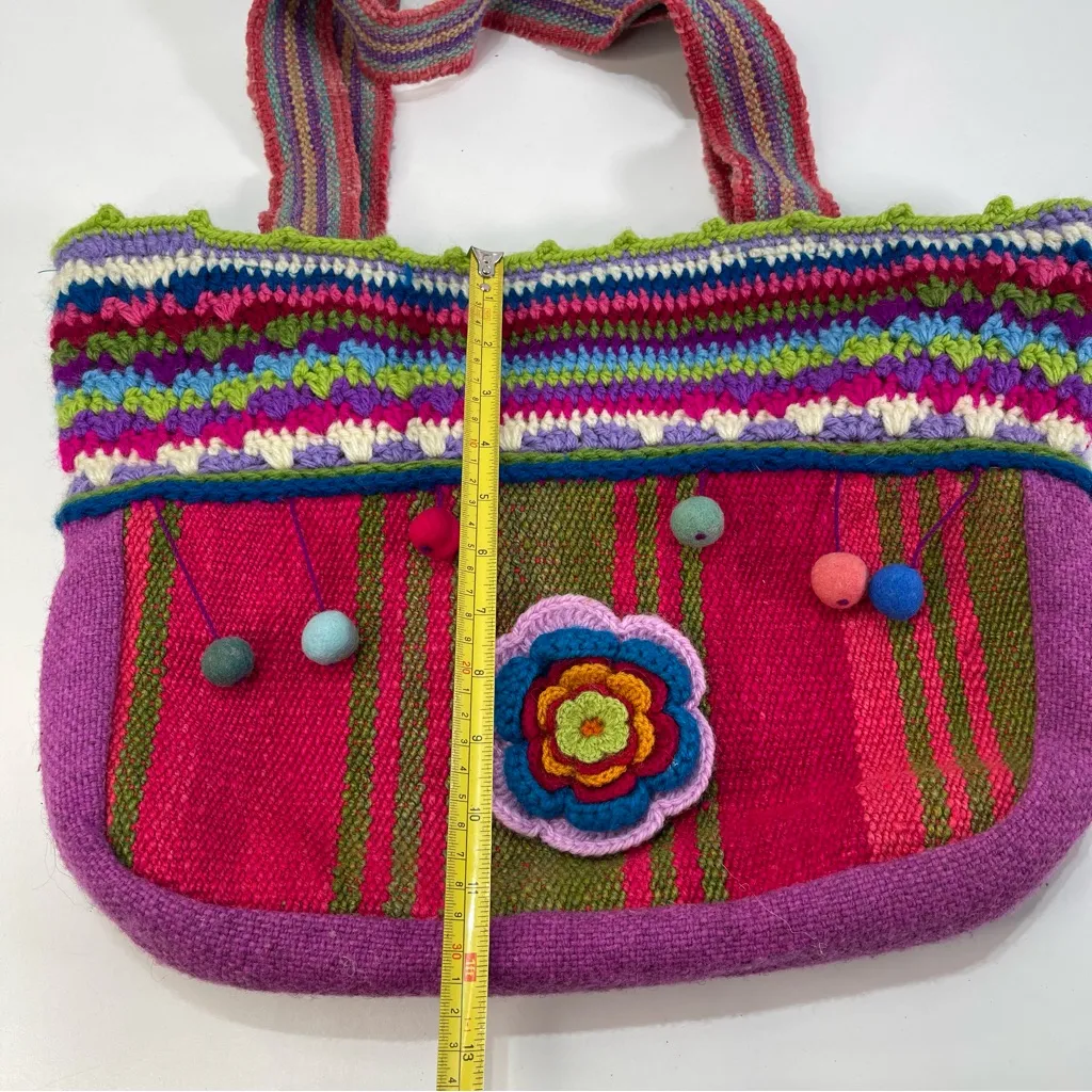 Large Boho Crochet Fun Colorful Striped Pink Purple Tote Bag Hippie Gypsy - Image 2
