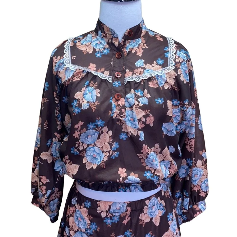 Vintage 70's 2 Piece Prairie Ruffle ace Floral Blouse & Skirt Size 6 Brown - Image 4