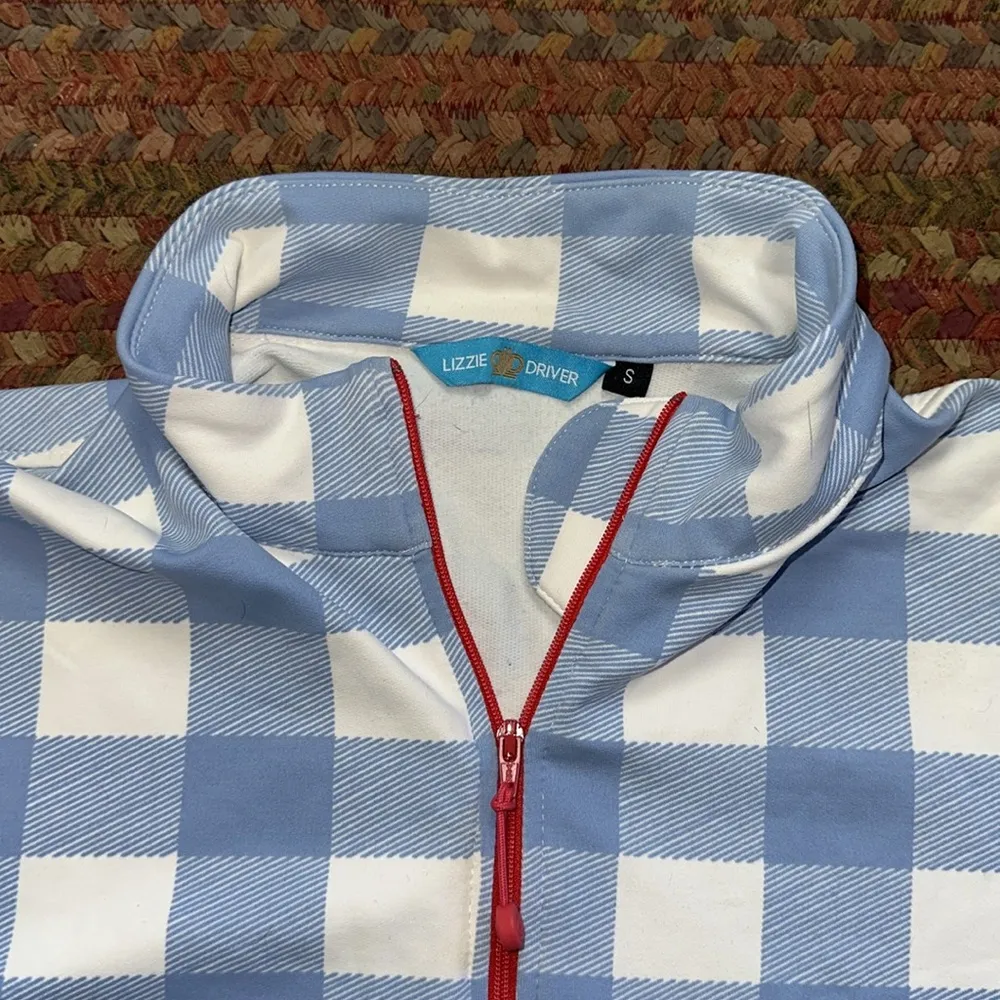 LIZZIE DRIVER BLUE GINGHAM PLAID HALF ZIP GOLF PULLOVER - Image 4