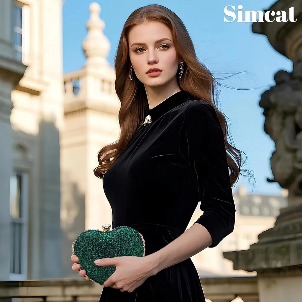⚡ Women's Cute Heart Shape Rhinestone Evening Wedding Green Clutch Handbag - Image 5