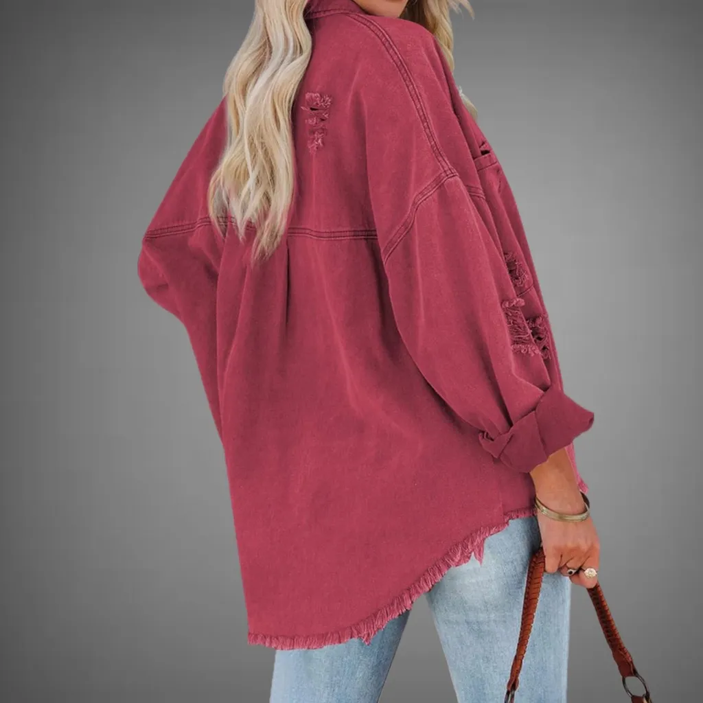 NWT Cardinal Red Oversized Distressed Denim Jacket – Small - Image 2