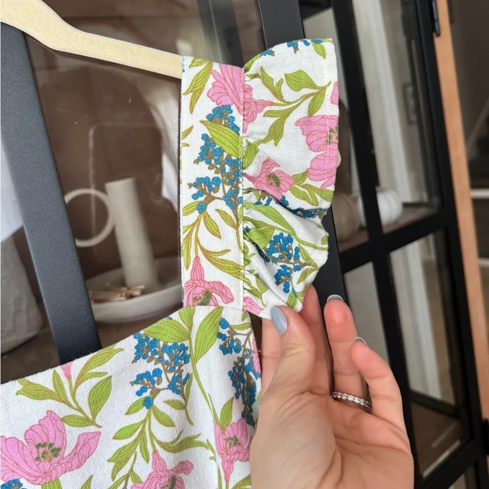 Linen floral block print babydoll mini dress ruffle pyjama square neck flutter - Image 13