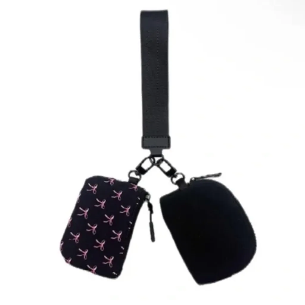 Zenana Coquette Dual Pouch Wristlet Keychain Wallet Black Pink Bow - Image 2